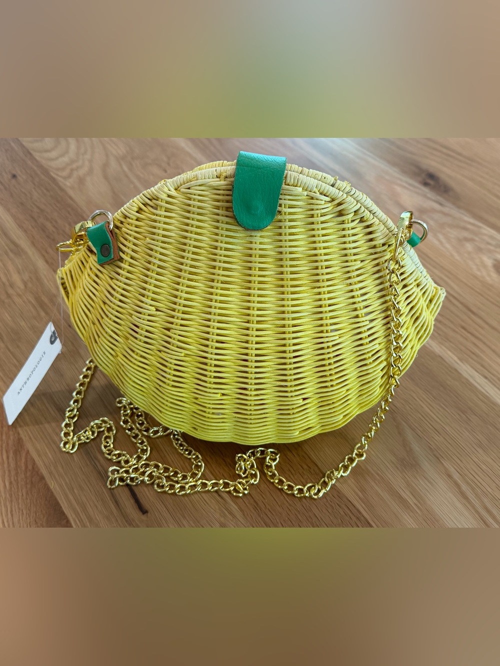 Anthropologie Yellow Wicker Crossbody Bag with Green Trim and Gold Chain